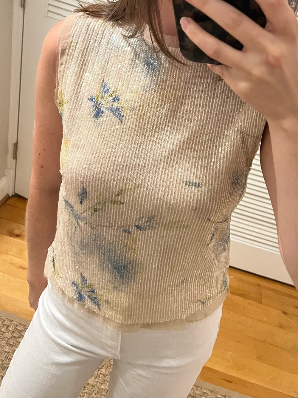 Zara Cream Sequin Tank with Blue and Yellow Floral Detail